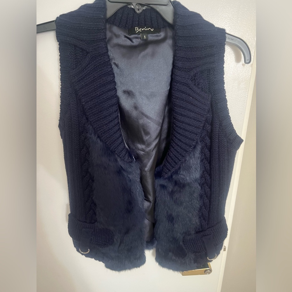 Women's Navy Knit Sweater Vest with faux fur
